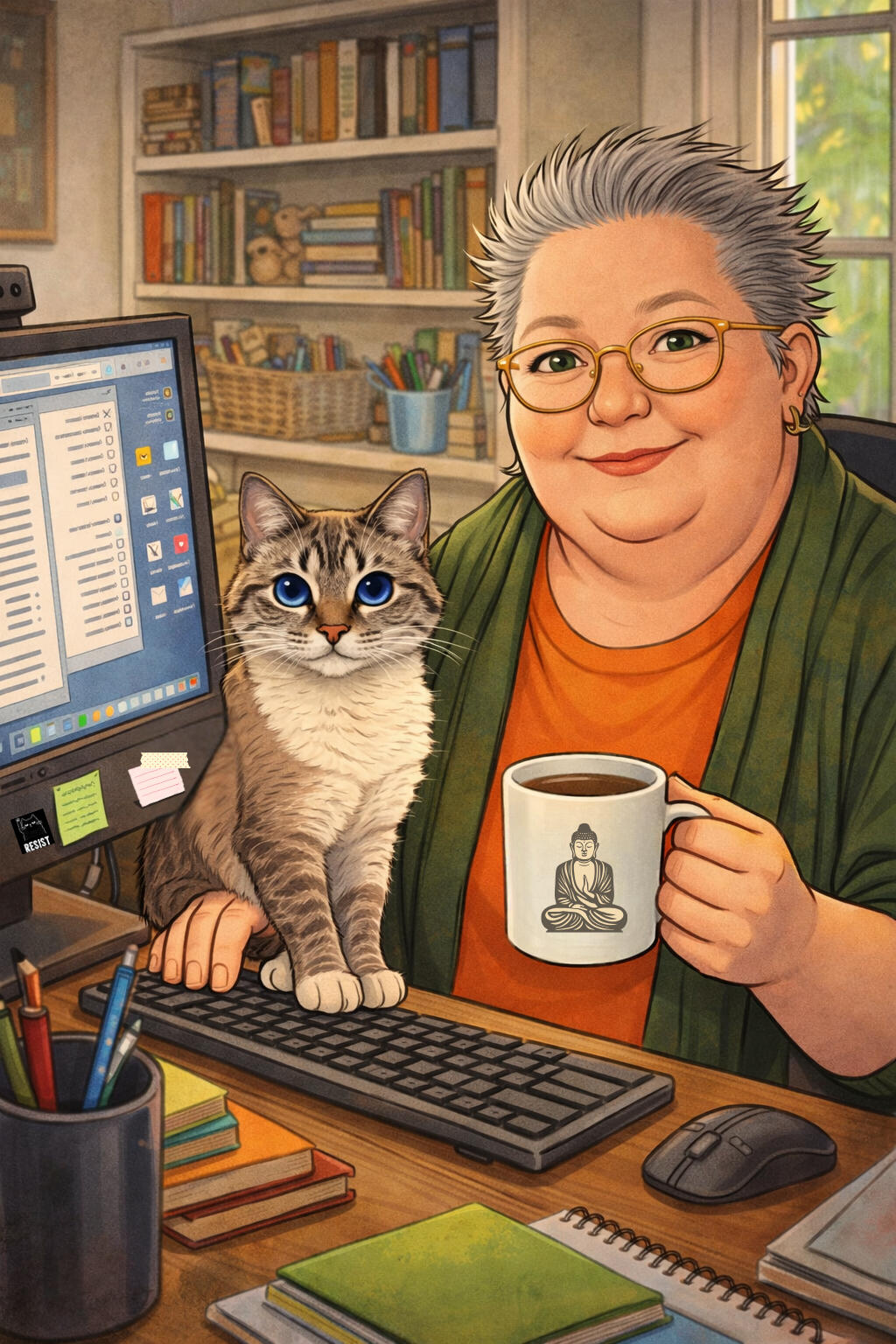 Jane and Agatha at Work AI generated cartoon of Jane Ryder at her desk with her cat Agatha sitting on her hand